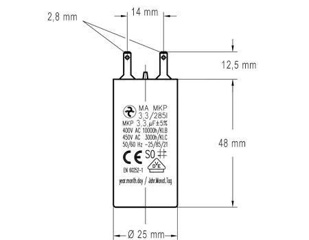 Côtes et dimensions du condensateur de 3.3uF