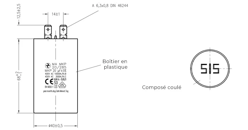 Côtes et dimensions du condensateur de 20uF