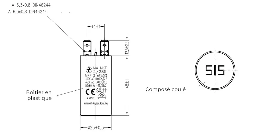 Côtes et dimensions du condensateur de 2.5uF