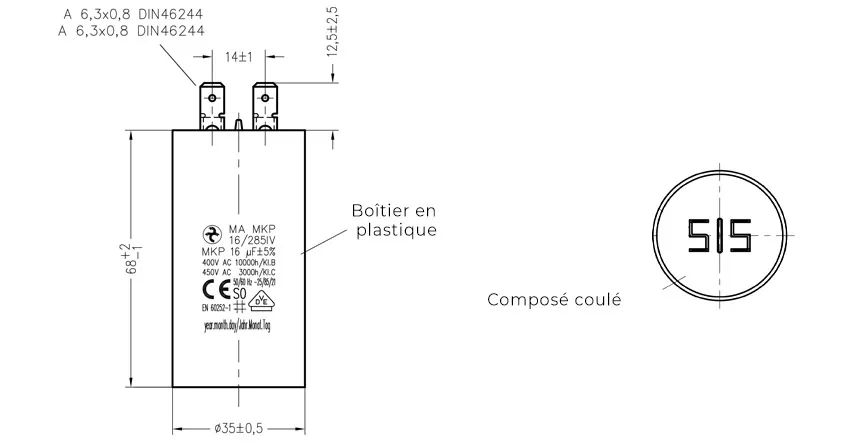Côtes et dimensions du condensateur de 4.5uF