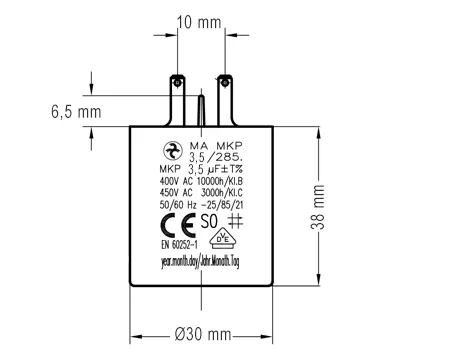 Côtes et dimensions du condensateur de 3.5uF