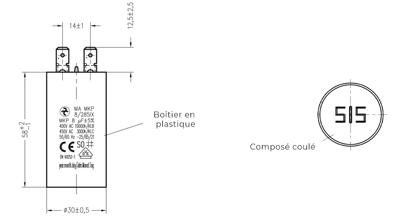 Côtes et dimensions du condensateur de 20uF