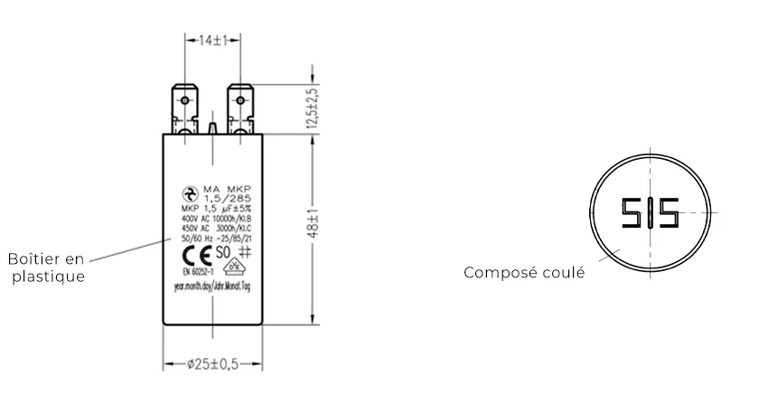 Côtes et dimensions du condensateur de 10uF
