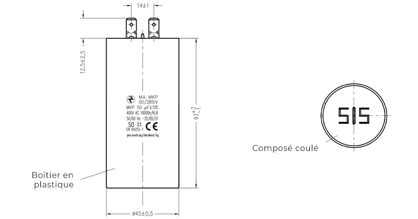 Côtes et dimensions du condensateur de 20uF