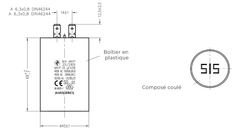 Côtes et dimensions du condensateur de 2.5uF