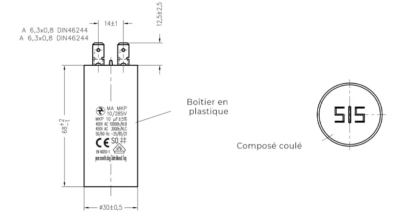 Côtes et dimensions du condensateur de 10uF