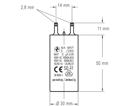 Côtes et dimensions du condensateur de 6uF