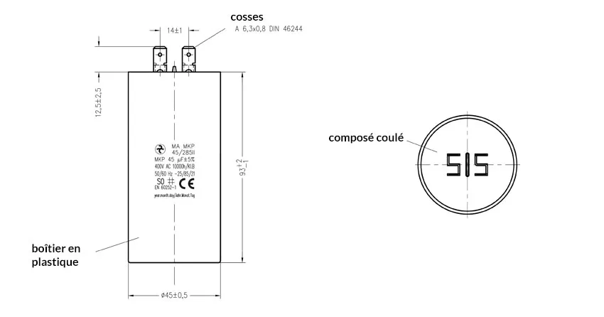 Schéma côtes et dimensions du condensateur de 45uF