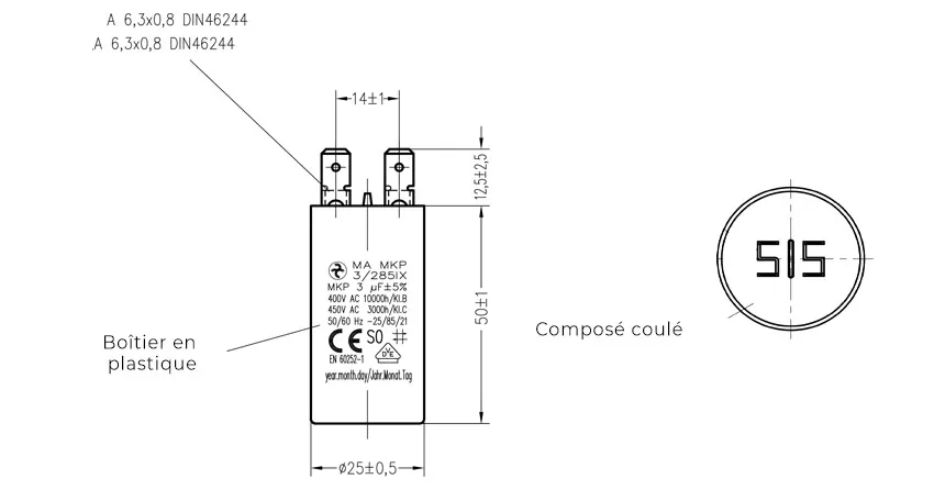 Côtes et dimensions du condensateur de 2.5uF
