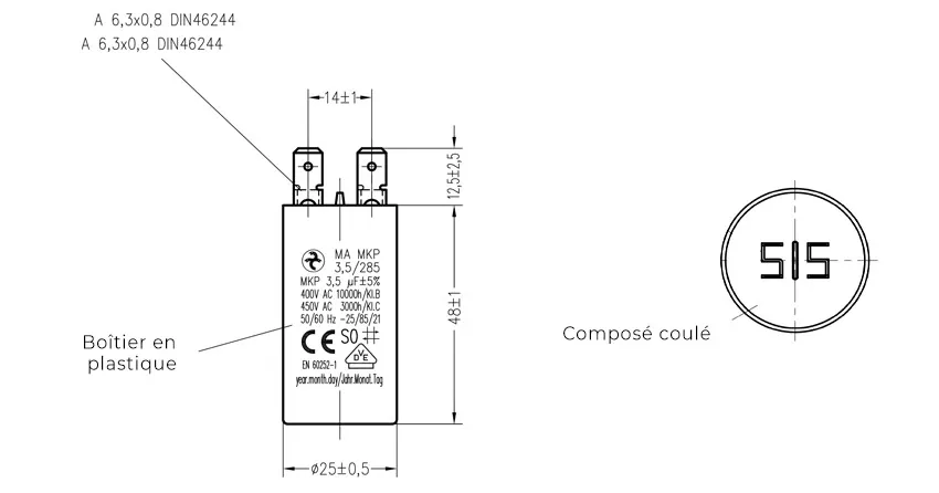 Côtes et dimensions du condensateur de 3.5uF