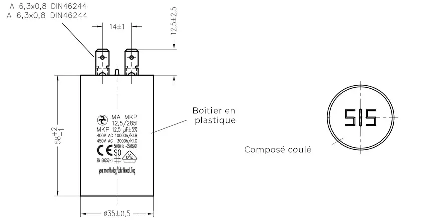 Côtes et dimensions du condensateur de 4.5uF