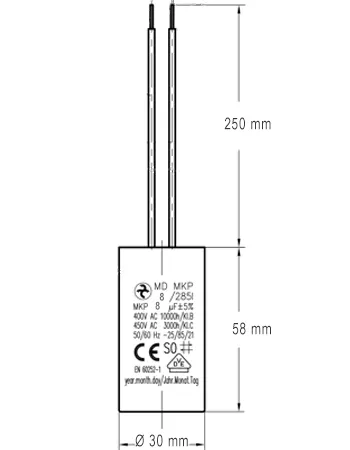 Côtes et dimensions du condensateur de 8uF