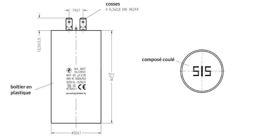 Schéma côtes et dimensions du condensateur de 60uF