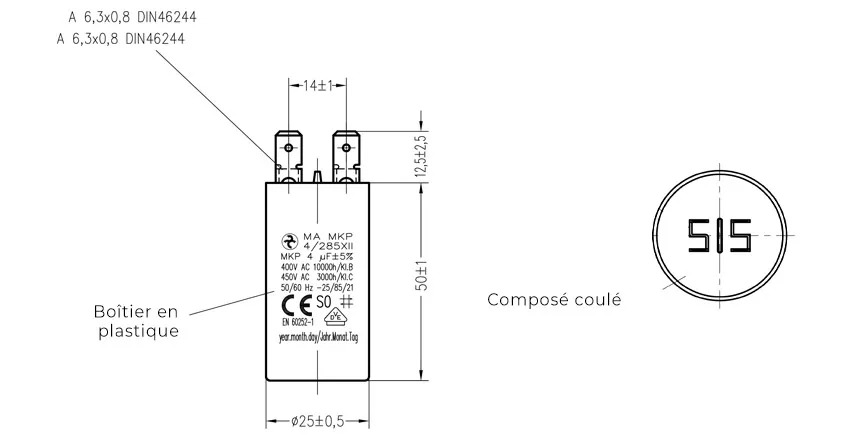 Côtes et dimensions du condensateur de 2.5uF