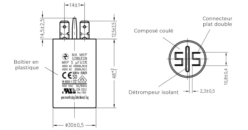 Côtes et dimensions du condensateur de 5uF